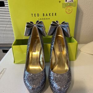 Ted Baker Silver Glitter Heels With Heel Ruffle Detail UK 5.6 US 7.5 EU38